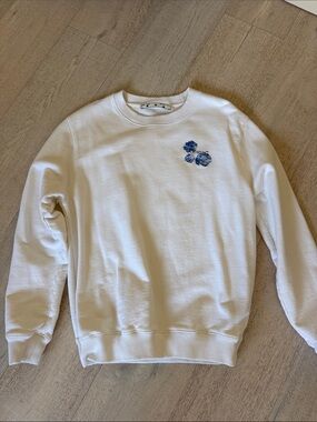 Off-White White Crewneck Sweatshirt with Blue Floral Motif